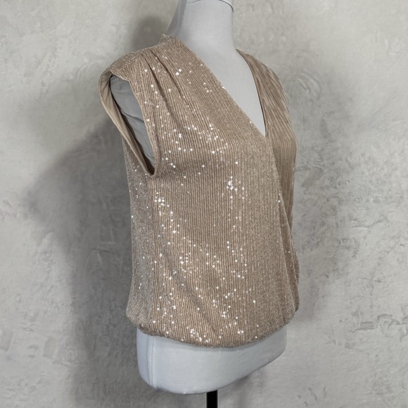 NWT Cable & Gauge Champagne Sequin Faux Wrap Top Size Small Sparkly Neutral Glam - Picture 4 of 15